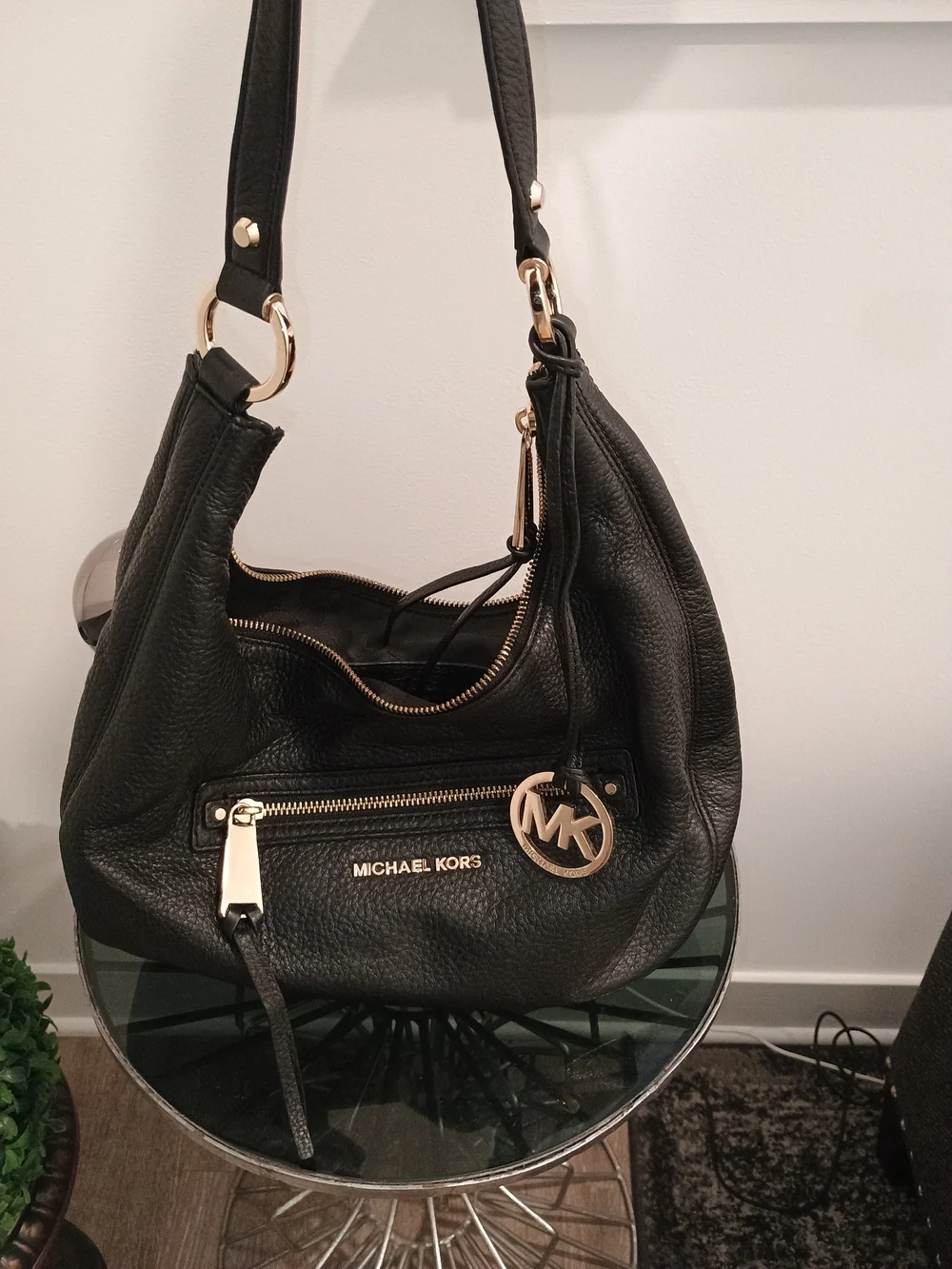 Michael Kors Black Pebbled Leather Hobo with Gold Accents
